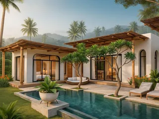 Комплекс меблированных вилл с бассейнами, садами и живописными видами рядом с пляжем Банг По, Самуи, Таиланд