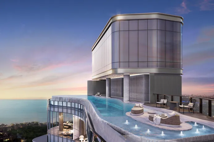Новая высотная резиденция с бассейном, аквапарком и панорамным видом на океан, Джомтьен, Паттайя, Таиланд